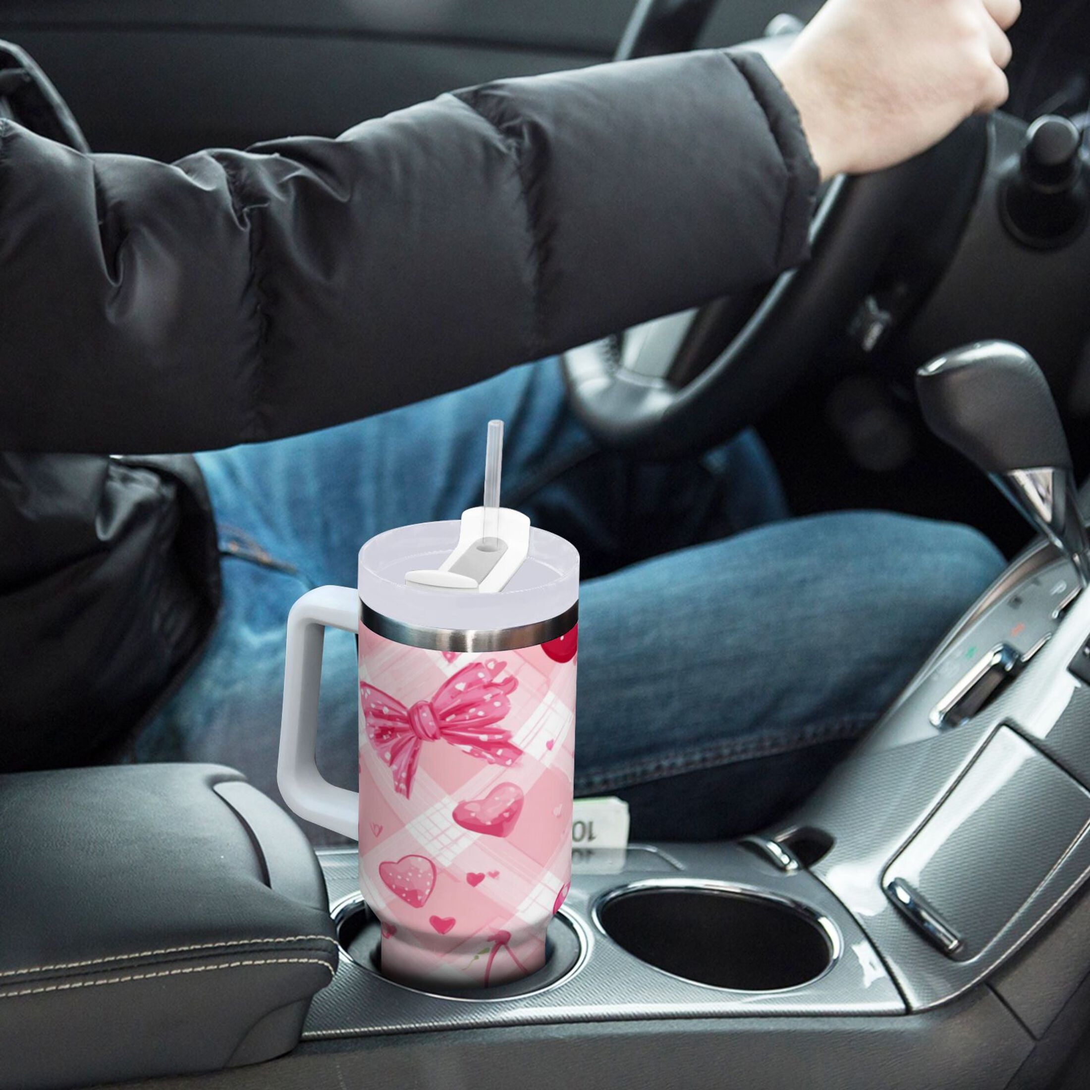 30 oz Insulated Stainless Steel Tumbler Double Wall Stainless Steel Tumbler with 2-Way Drinking Cherry and Pink Bow Pattern N7YV