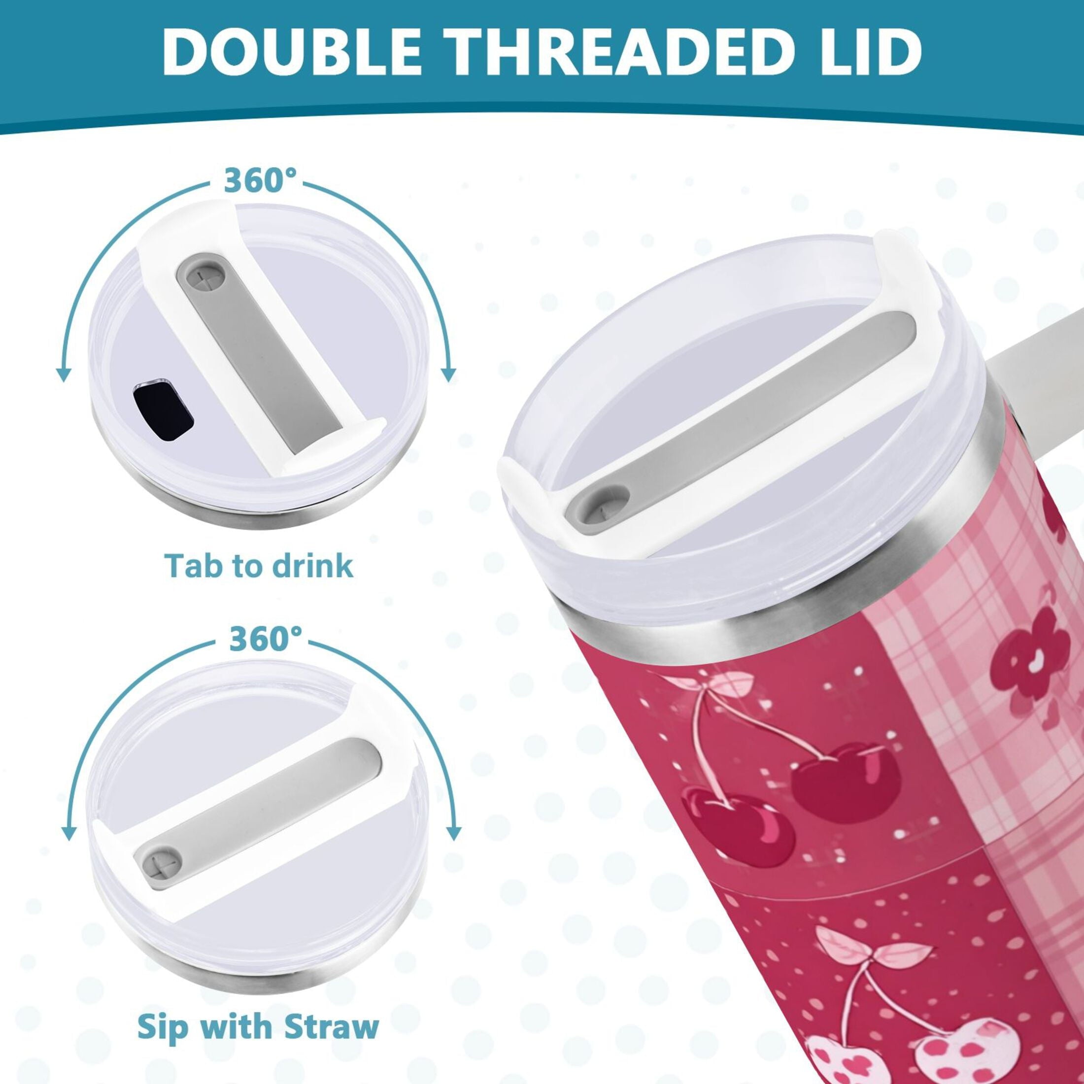 30 oz Insulated Stainless Steel Tumbler Double Wall Stainless Steel Tumbler with 2-Way Drinking Cherry Pattern with Bows 0RMT