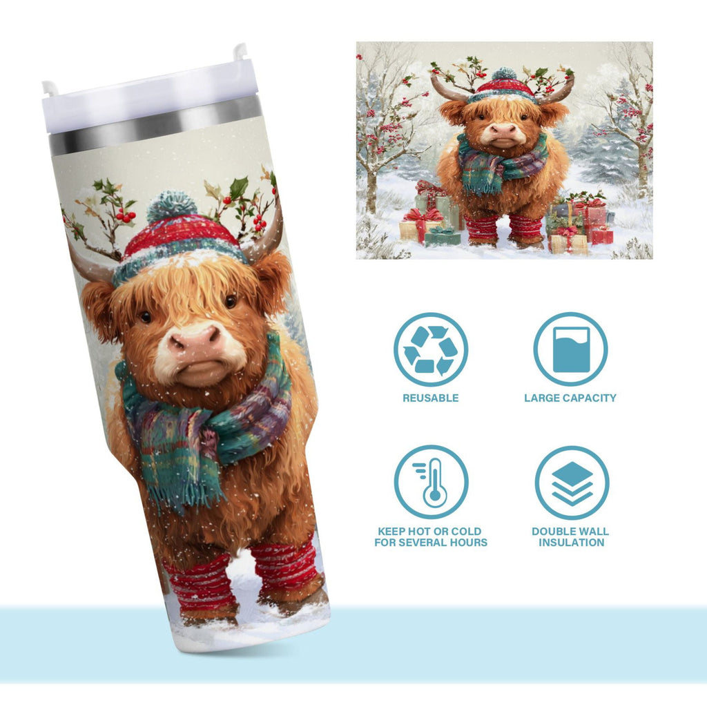 30 oz Insulated Stainless Steel Tumbler Double Wall Stainless Steel Tumbler with 2-Way Drinking Cow Wearing Christmas Hat QK74