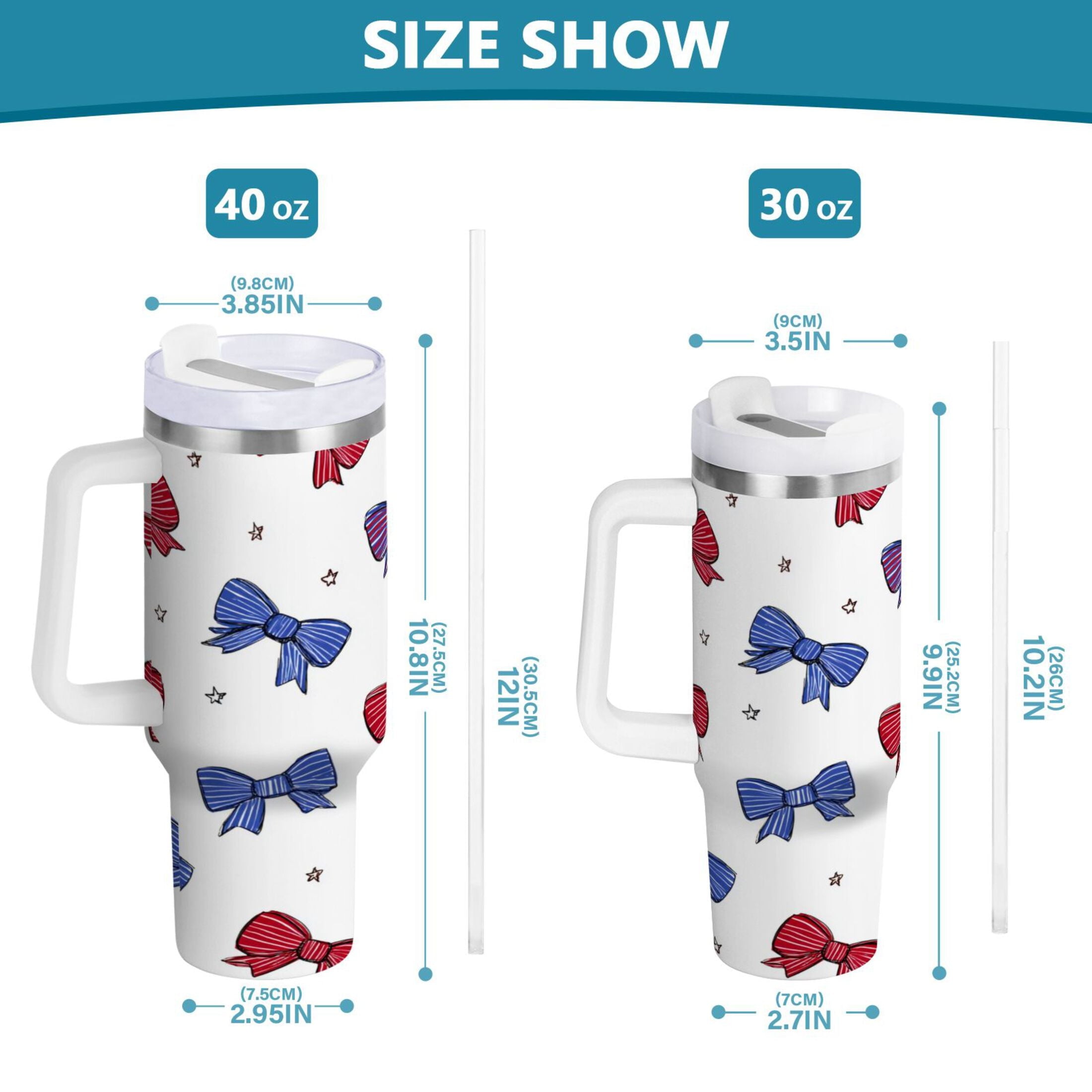 30 oz Insulated Stainless Steel Tumbler Double Wall Stainless Steel Tumbler with 2-Way Drinking Red and Blue Stripe Bows P1OE