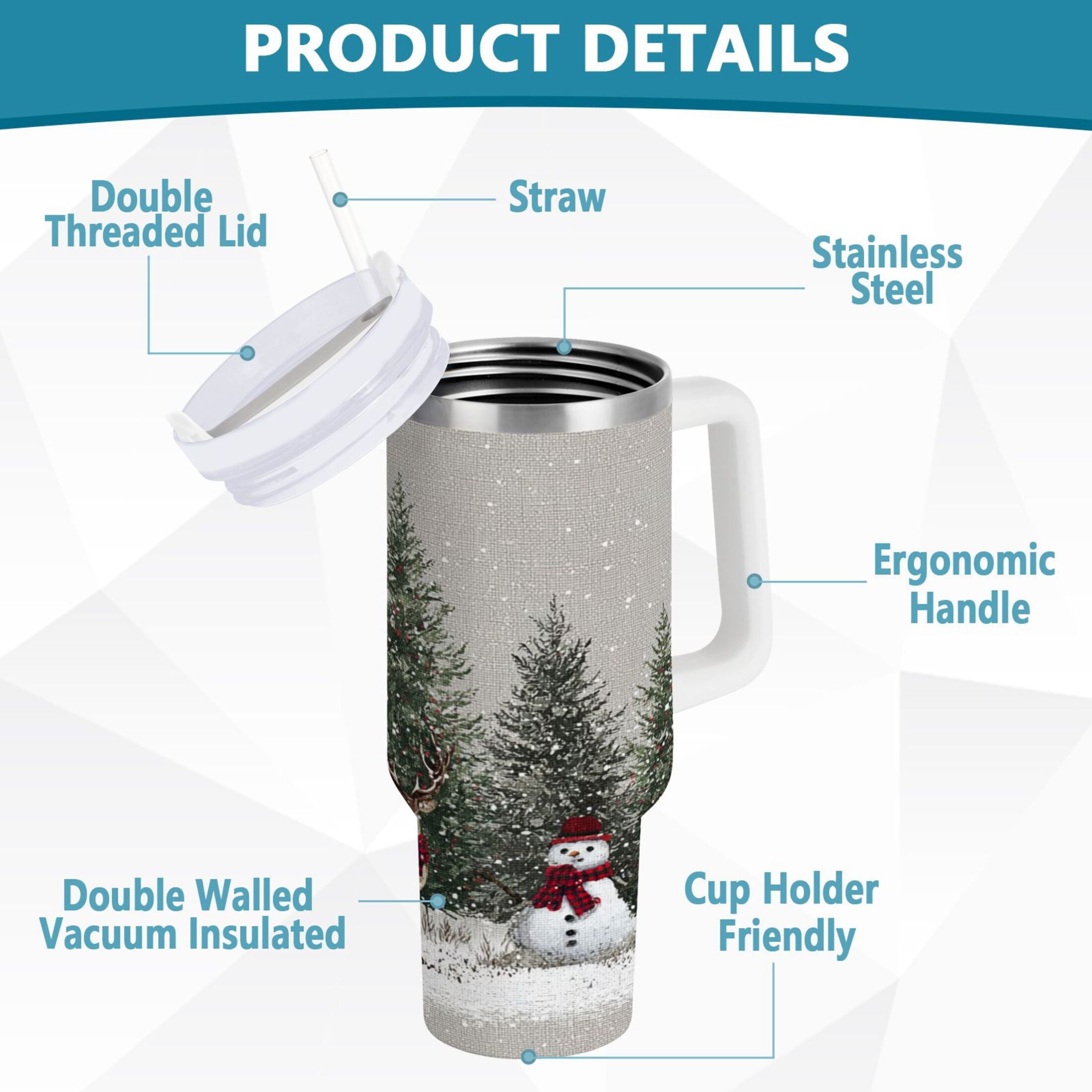 30 oz Insulated Stainless Steel Tumbler Double Wall Stainless Steel Tumbler with 2-Way Drinking Christmas Deer and Snowmen EFHT