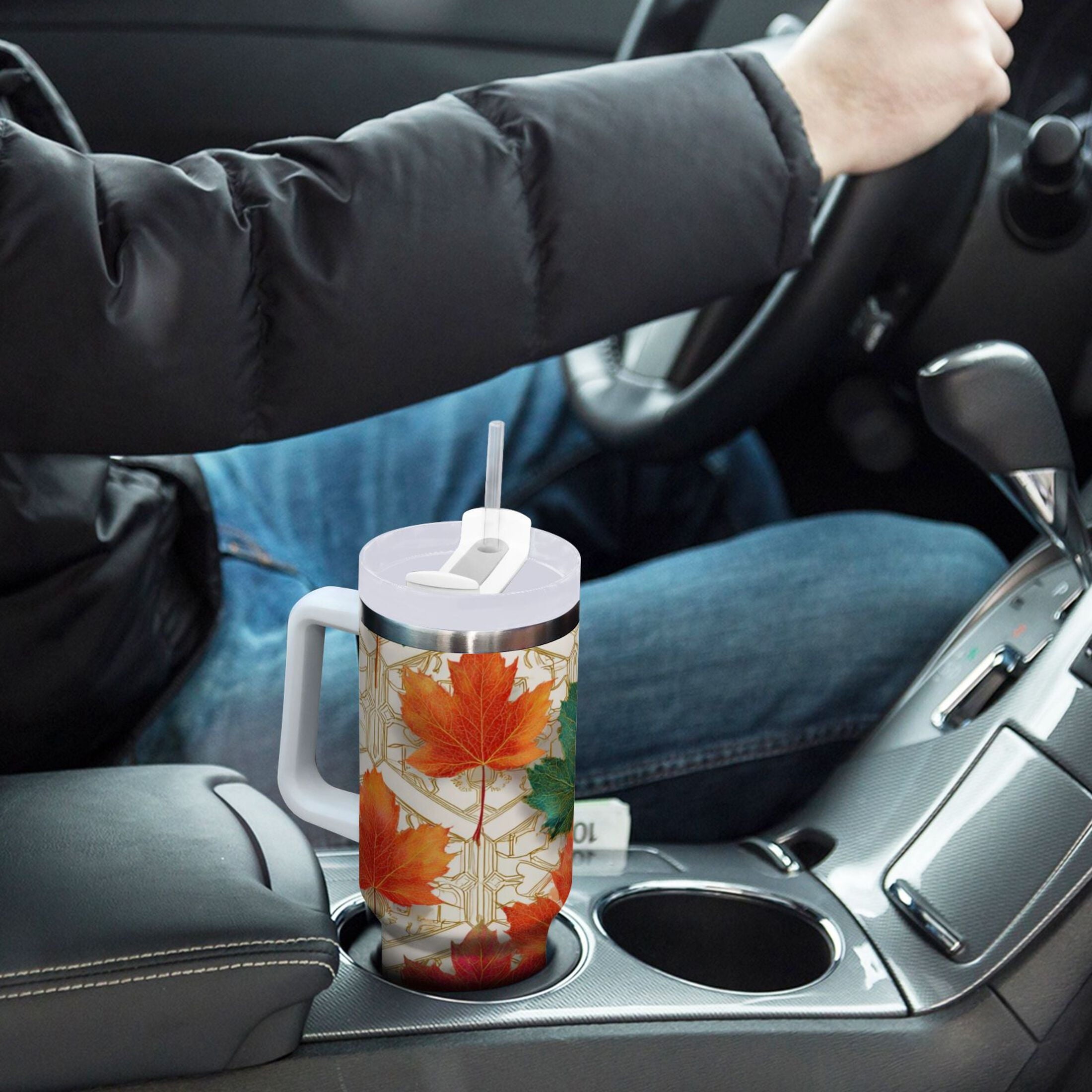 30 oz Insulated Stainless Steel Tumbler Double Wall Stainless Steel Tumbler with 2-Way Drinking Green and Red Maple Leaves YH59