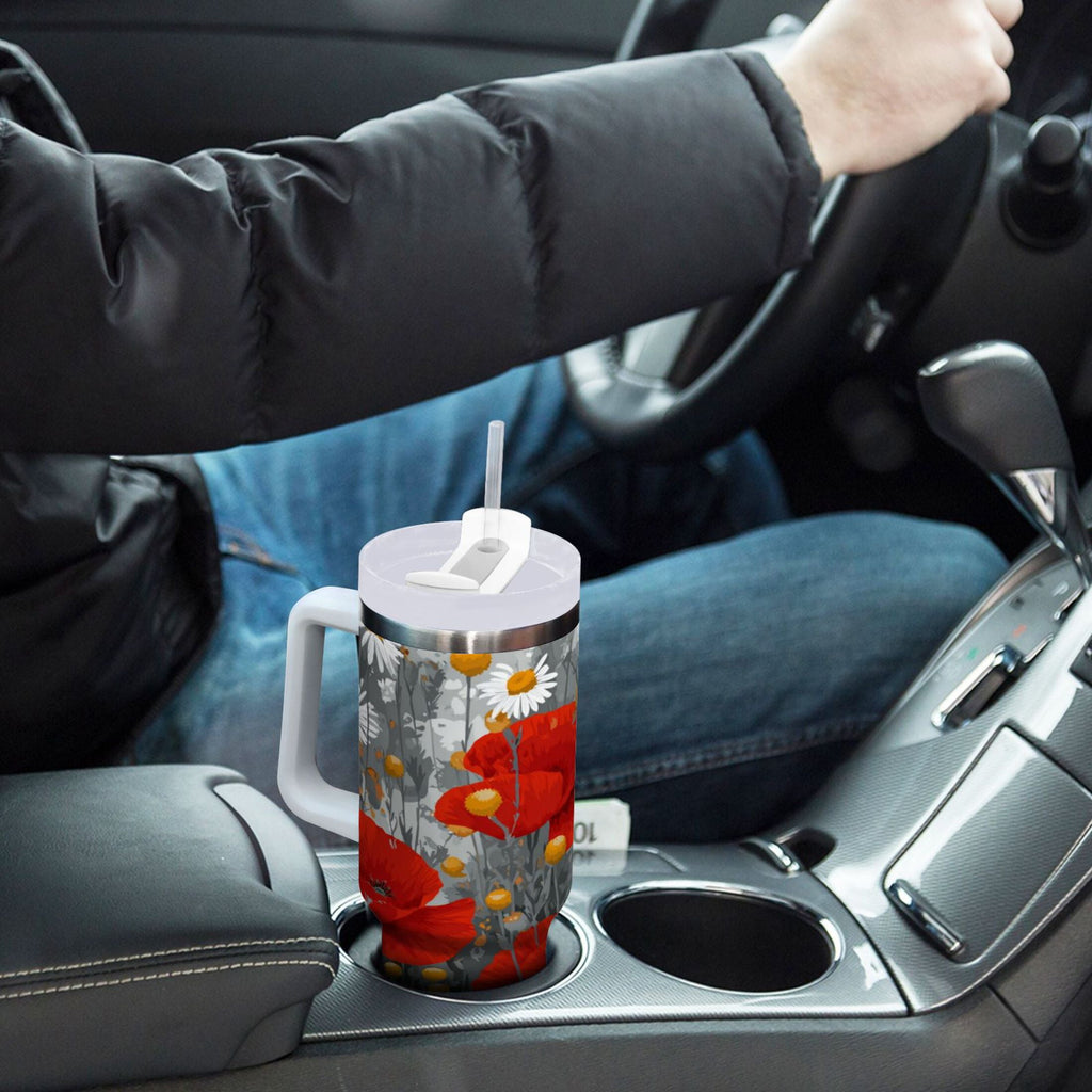 40 oz Insulated Stainless Steel Tumbler Double Wall Stainless Steel Tumbler with 2-Way Drinking Red Flowers and Daisies WD94