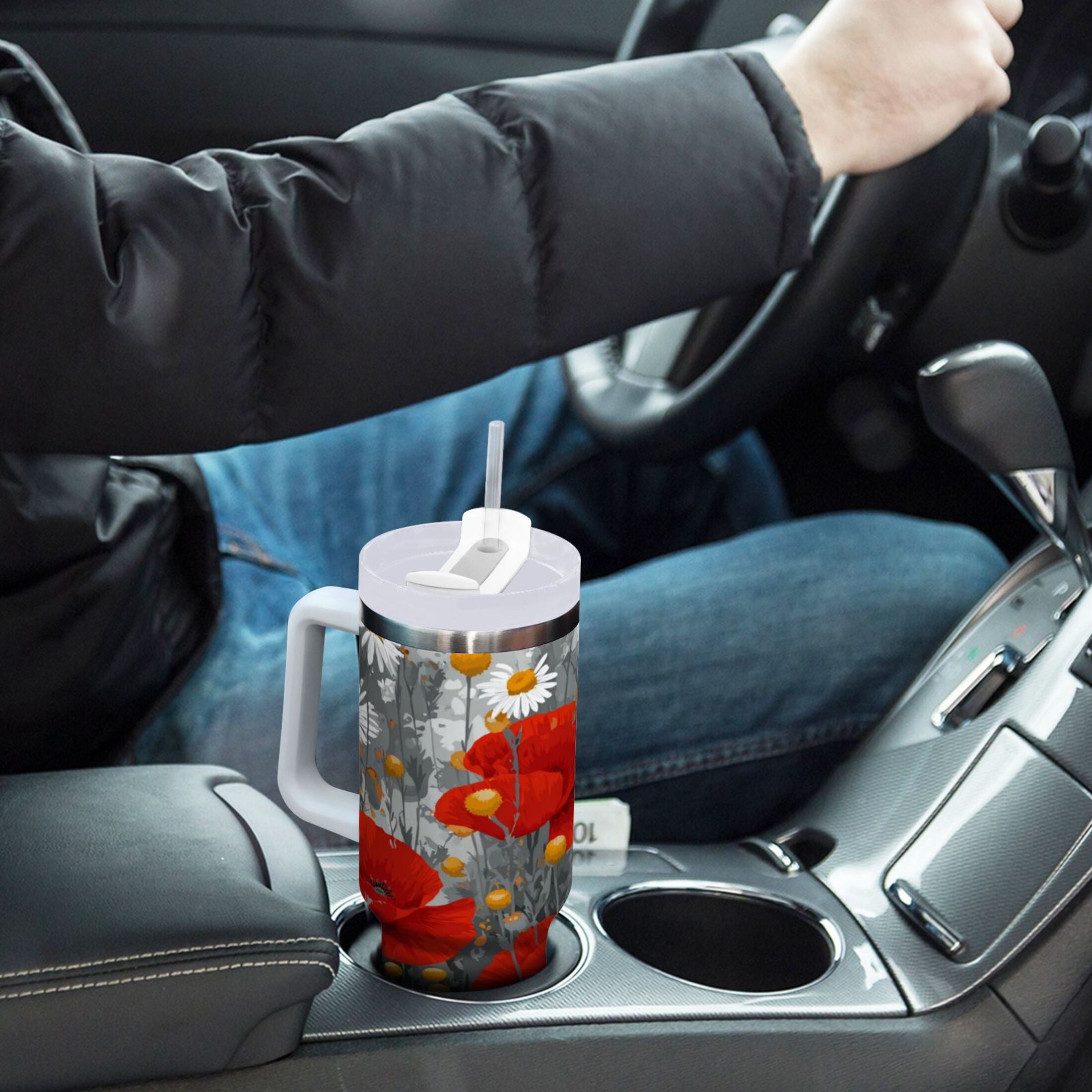 40 oz Insulated Stainless Steel Tumbler Double Wall Stainless Steel Tumbler with 2-Way Drinking Red Flowers and Daisies WD94