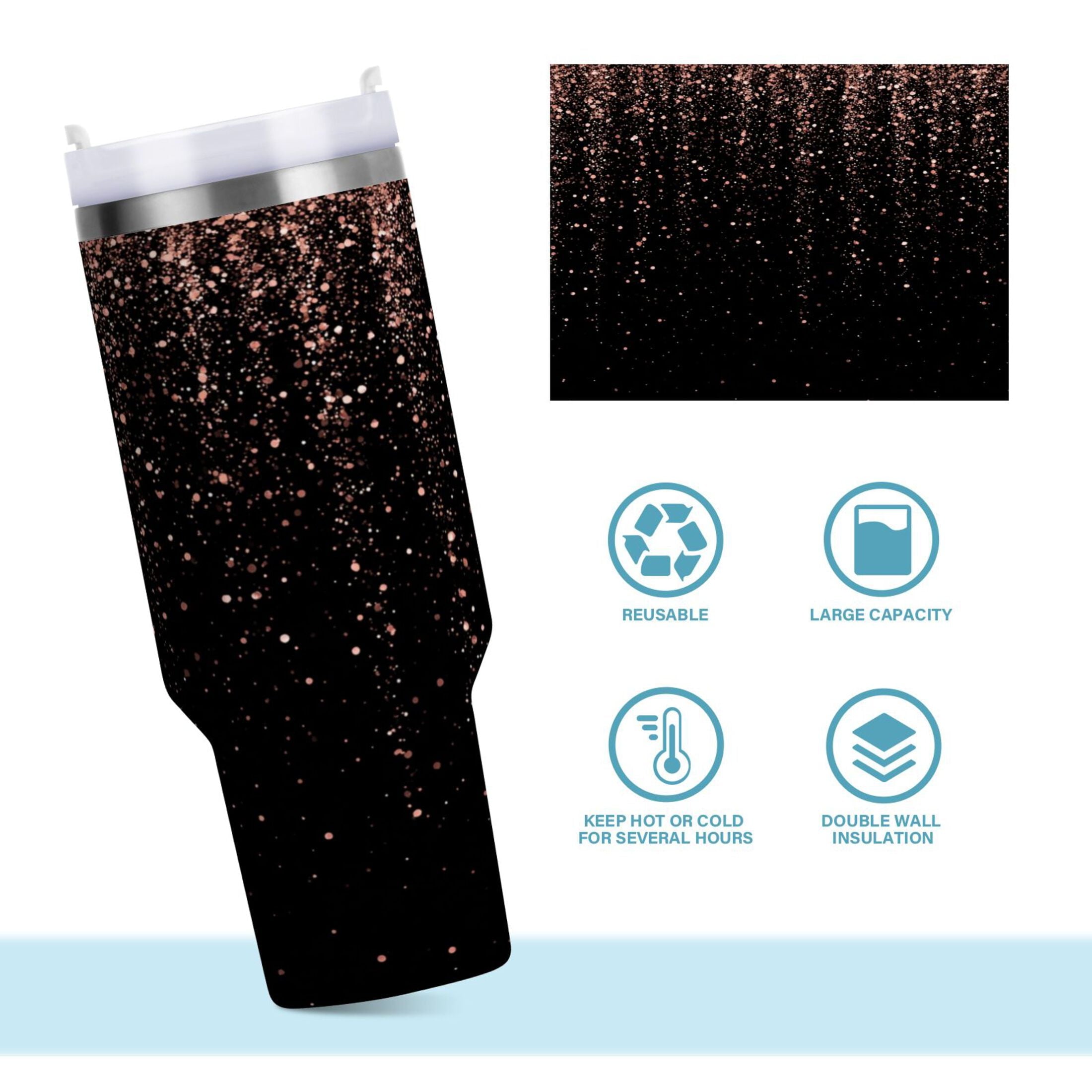 40 oz Insulated Stainless Steel Tumbler Double Wall Stainless Steel Tumbler with 2-Way Drinking Rose Gold Glitter CWRT